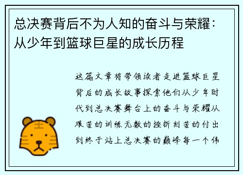 总决赛背后不为人知的奋斗与荣耀：从少年到篮球巨星的成长历程